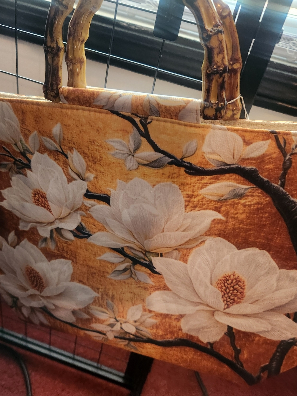 Floral Tote Bag in Golden Brown with Bamboo Handles